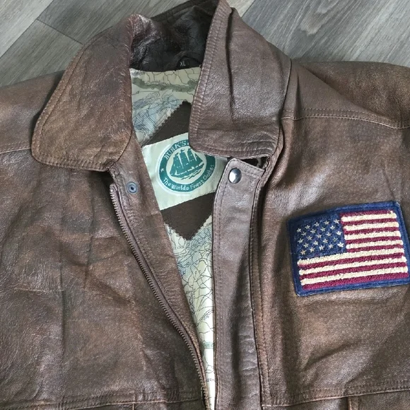 Men's Distressed Brown Leather Bomber Jacket with Flag Patch - Picture 4 of 13